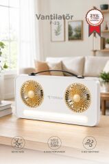 Vantilatör Led Işıklı Şarjlı Çift Fanlı Mini Masaüstü Fan 1200 Mah F23 Beyaz