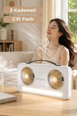 Vantilatör Led Işıklı Şarjlı Çift Fanlı Mini Masaüstü Fan 1200 Mah F23 Beyaz