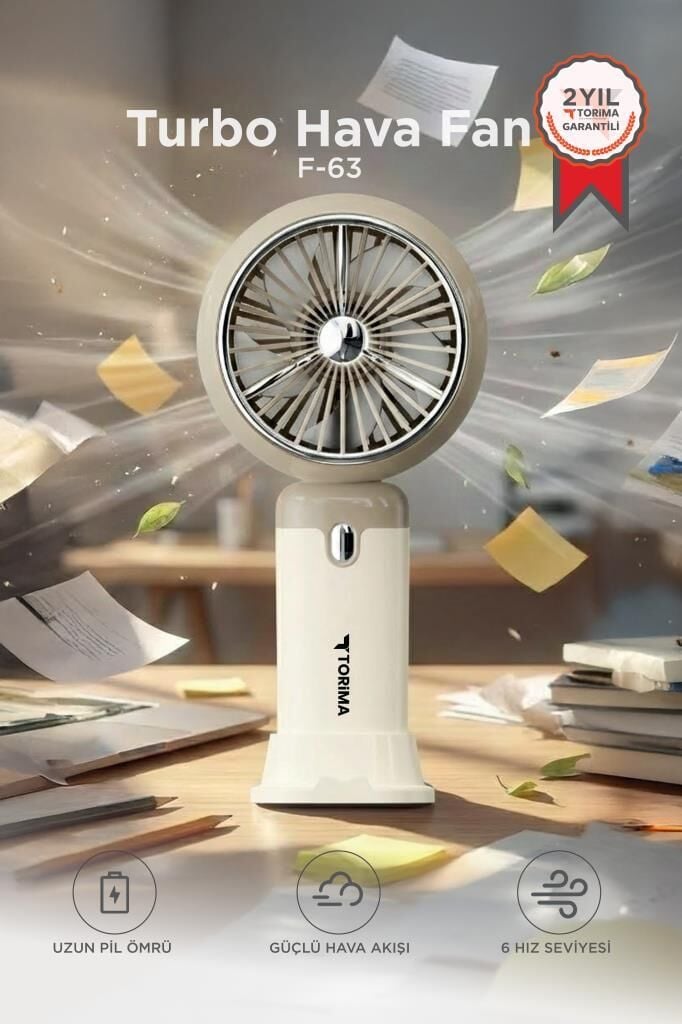 Şarjlı El Vantilatörü Turbo Hava Akışlı 6 Kademeli Taşınabilir Masa Fanı F63 Krem