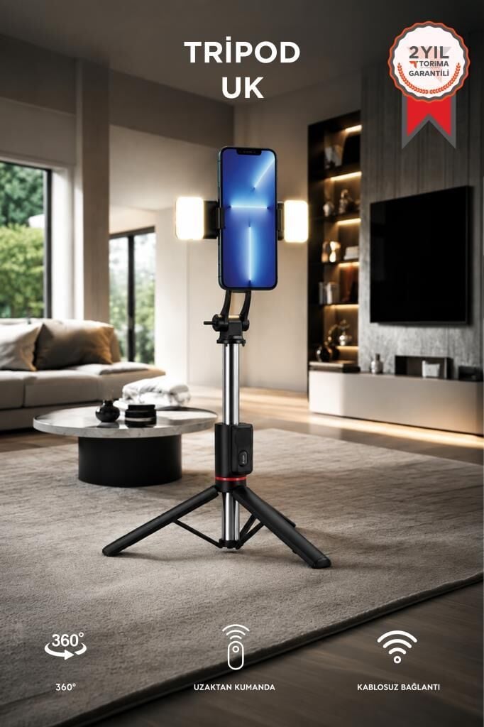Tripod Çok Amaçlı Kumandalı Led Işıklı 1.70 Cm Selfie Çubuğu UK Siyah