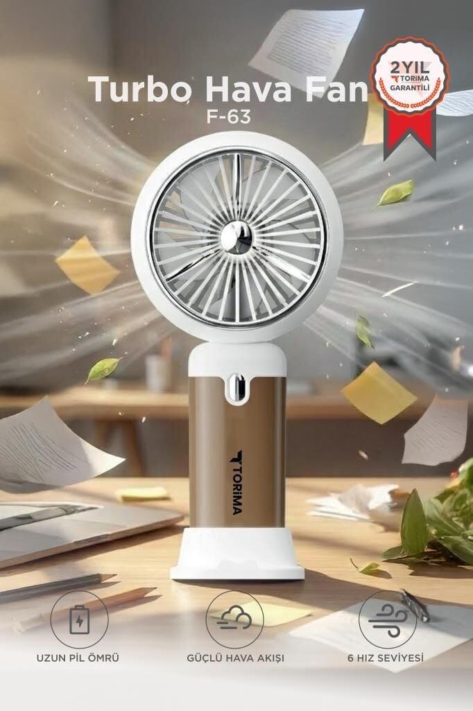 Şarjlı El Vantilatörü Turbo Hava Akışlı 6 Kademeli Taşınabilir Masa Fanı F63 Bej