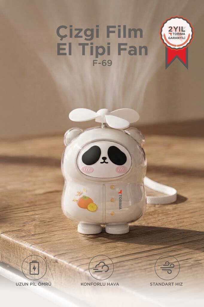 Şarjlı El Vantilatörü Panda Figürlü Taşınabilir Mini Masa Fanı F69 Beyaz