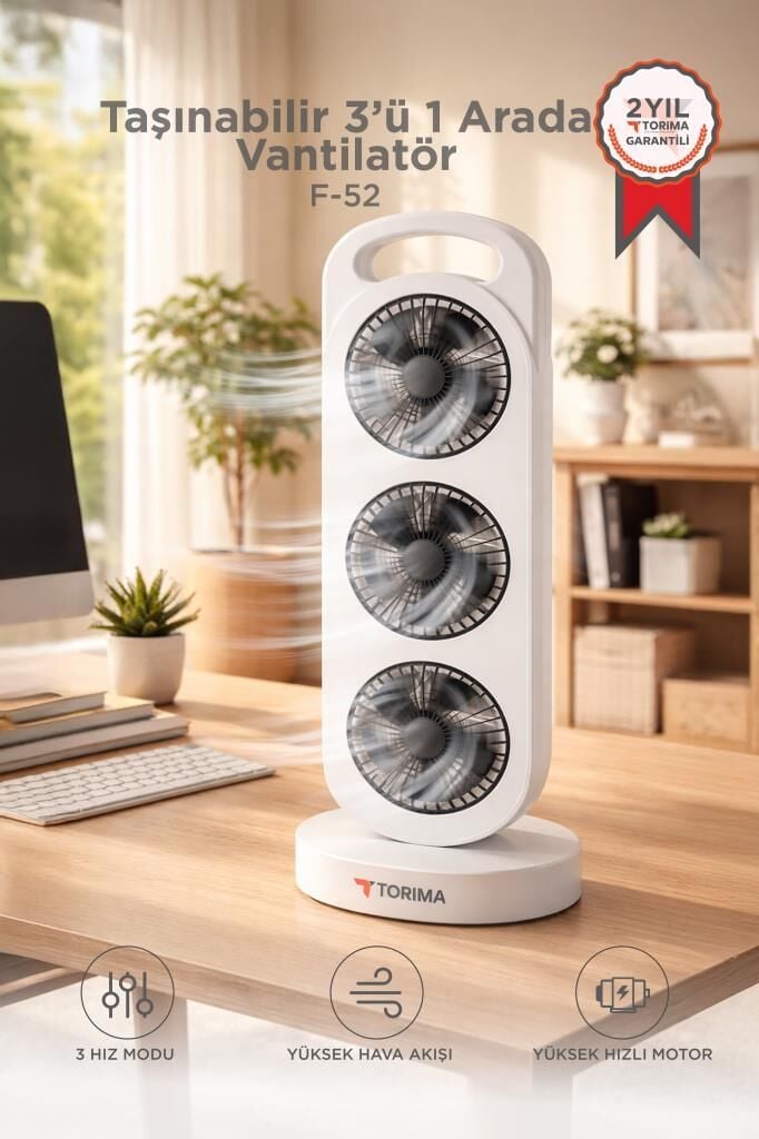 Şarjlı Masaüstü Vantilatör 3 Fanlı Kule Tipi Taşınabilir Fan F52 Beyaz Siyah