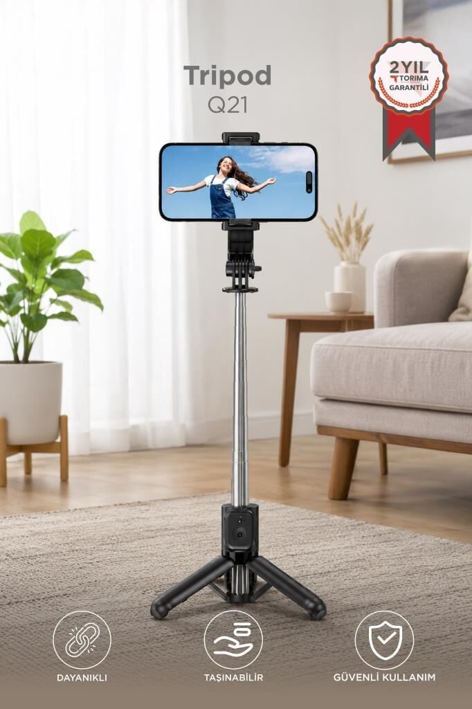 Tripod Çok Amaçlı Entegre Tripodlu Uzaktan Kumandalı Selfie Çubuğu Q21 Siyah