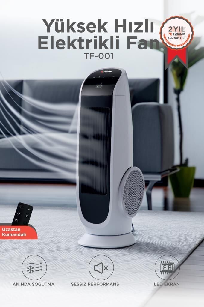 Vantilatör Kule Tipi Uzaktan Kumandalı Dijital Göstergeli Elektrikli Fan TF001 Beyaz