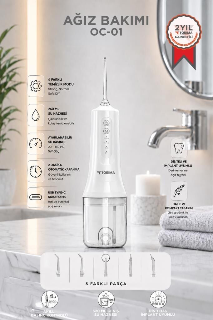 Dijital Ekranlı Şarjlı Ağız Duşu 4 Modlu Taşınabilir Ağız Bakım Cihazı OC01 Beyaz