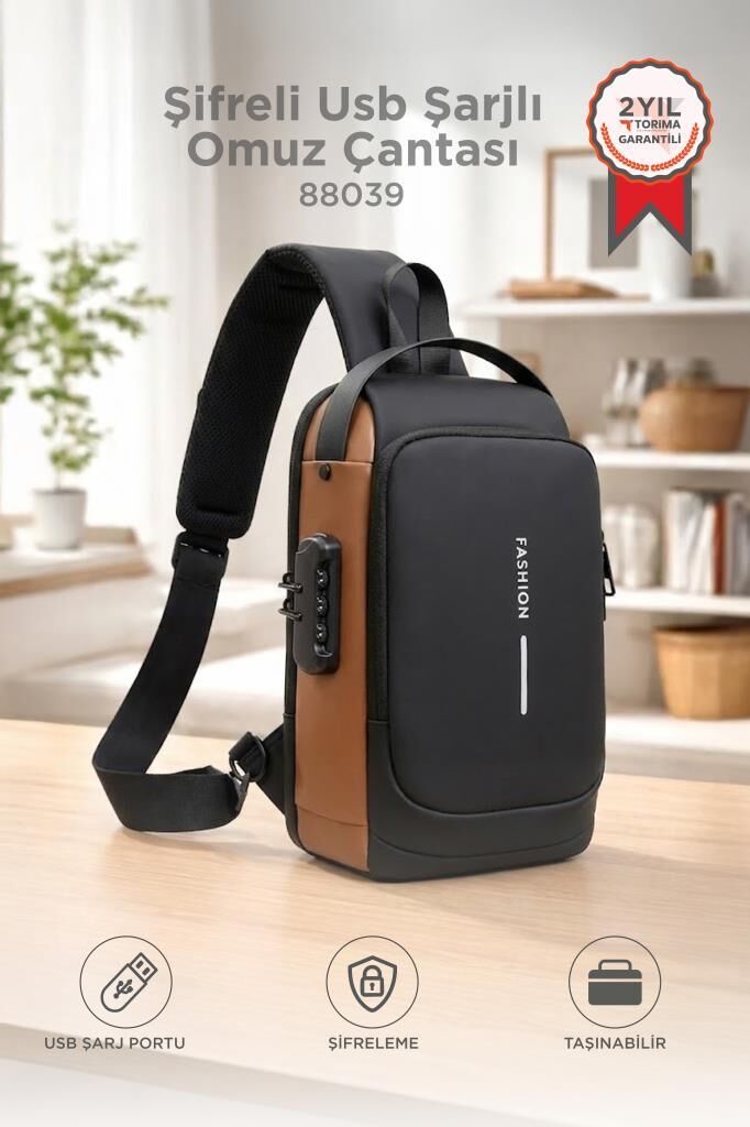 Omuz Çantası Şifreli Usb Şarjlı Günlük Çanta 88039 Kahverengi