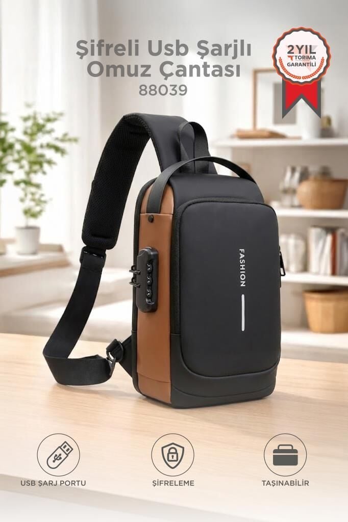Omuz Çantası Şifreli Usb Şarjlı Günlük Çanta 88039 Kahverengi