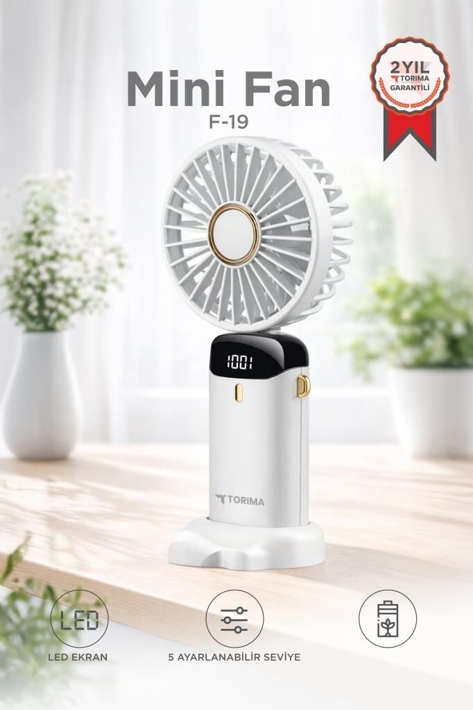 Şarjlı Masaüstü Vantilatör Dijital Göstergeli 90 Derece Katlanabilir Mini Fan F19 Beyaz