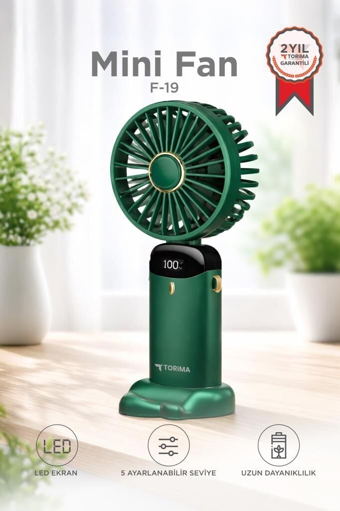 Şarjlı Masaüstü Vantilatör Dijital Göstergeli 90 Derece Katlanabilir Mini Fan F19 Yeşil