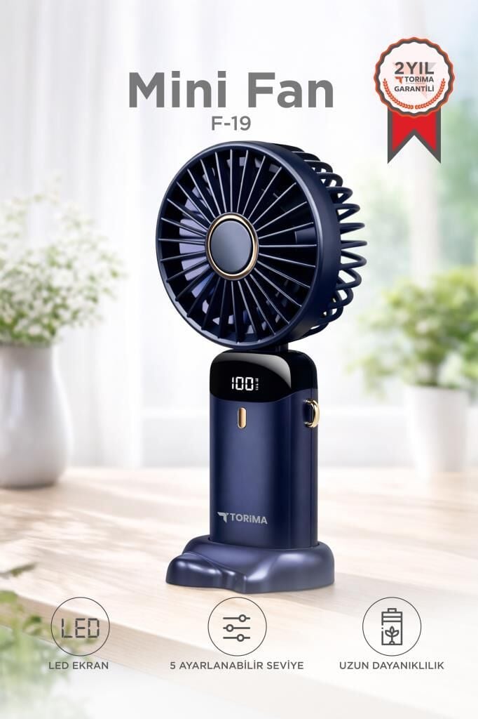 Torima Şarjlı Masaüstü Vantilatör Dijital Göstergeli 90 Derece Katlanabilir Mini Fan F19 Lacivert