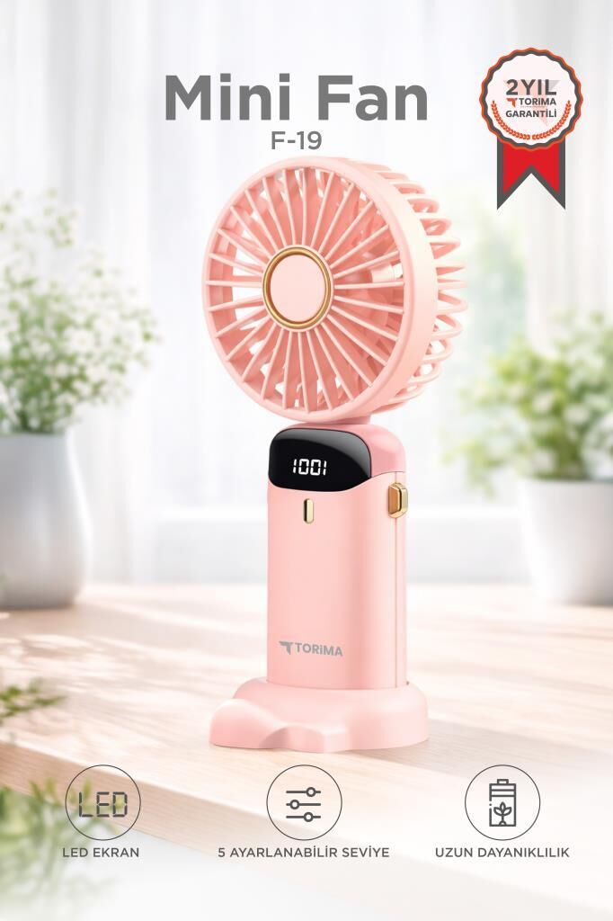 Şarjlı Masaüstü Vantilatör Dijital Göstergeli 90 Derece Katlanabilir Mini Fan F19 Pembe