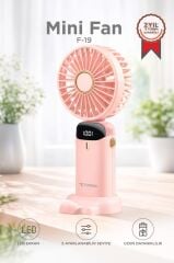 Şarjlı Masaüstü Vantilatör Dijital Göstergeli 90 Derece Katlanabilir Mini Fan F19 Pembe