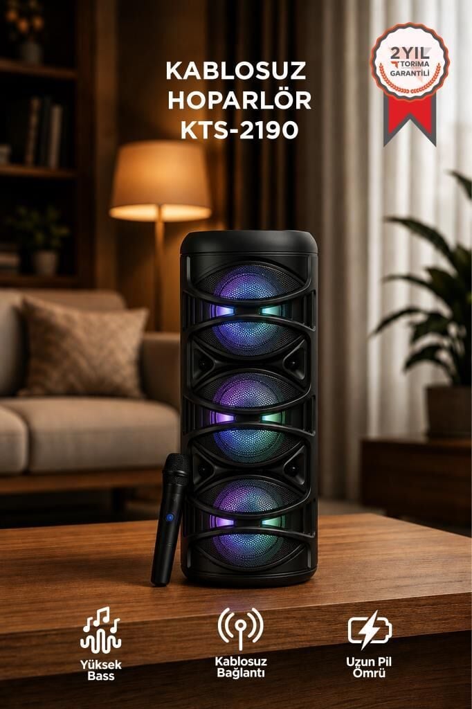 Bluetooth Hoparlör Rgb Işıklı Mikrofonlu Kablosuz Speaker KTS-2190 Siyah