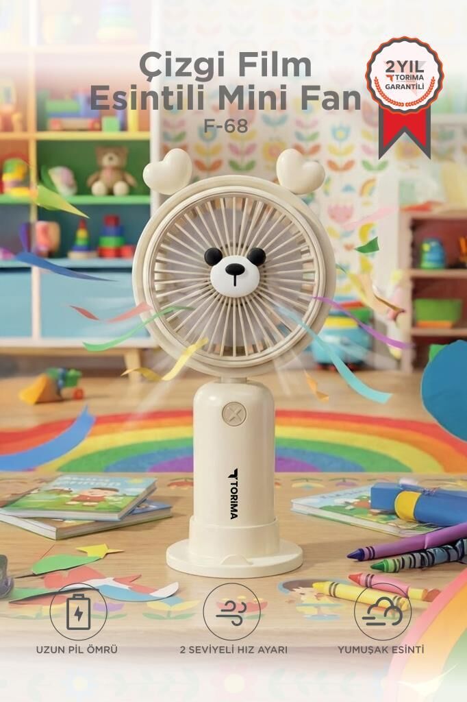 Şarjlı El Vantilatörü Masaüstü Stantlı 2 Kademeli Ayıcıklı Masa Fanı F68 Bej