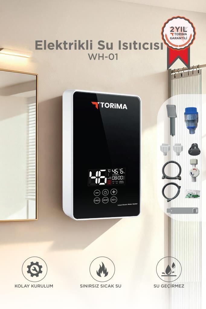 Torima Şofben Elektrikli Su Isıtıcı 7000W Banyo Mutfak Tipi Duvara Monte Su Isıtıcısı WH01 Siyah