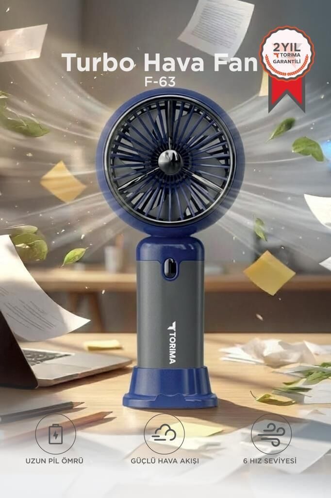 Şarjlı El Vantilatörü Turbo Hava Akışlı 6 Kademeli Taşınabilir Masa Fanı F63 Lacivert
