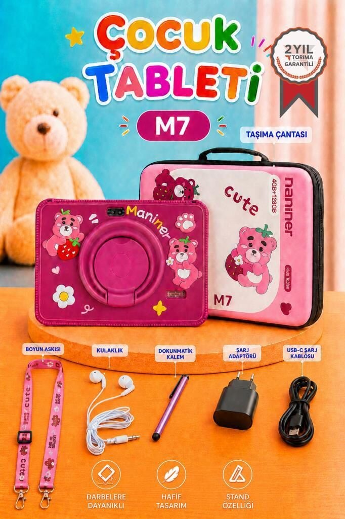Maniner Eğitici Tablet 4GB 128GB Kılıf Hediyeli Çocuk Tableti M7 Vişne Rengi