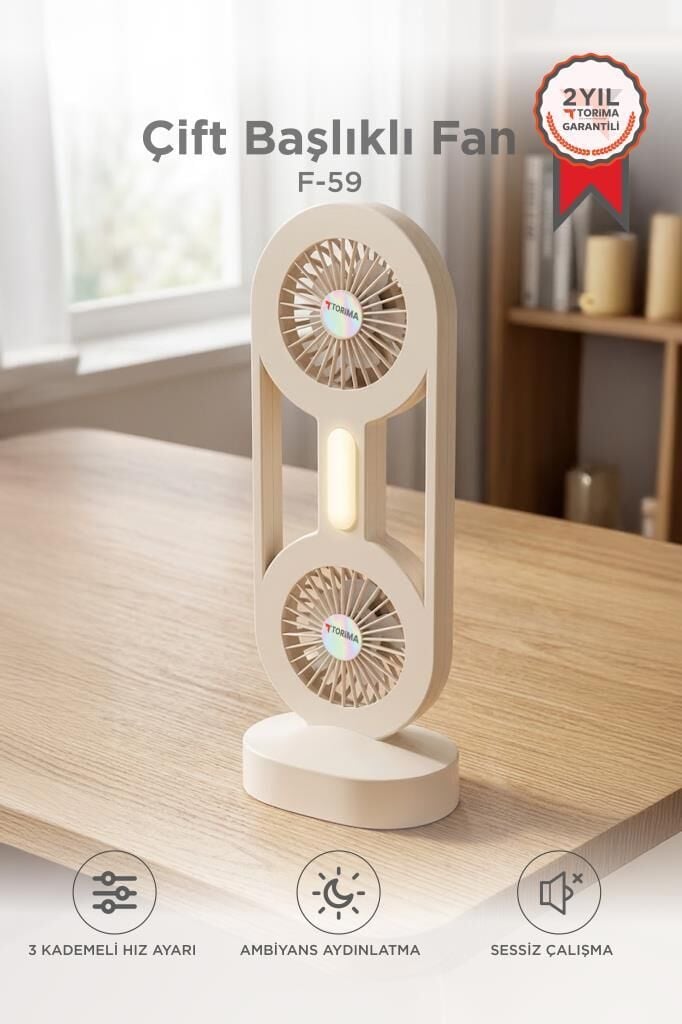 Şarjlı Masaüstü Vantilatör Çift Başlıklı 1200 Mah Işıklı Taşınabilir Masa Fanı F59 Bej