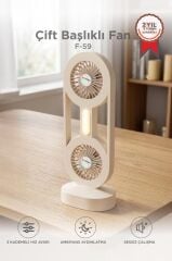 Şarjlı Masaüstü Vantilatör Çift Başlıklı 1200 Mah Işıklı Taşınabilir Masa Fanı F59 Bej
