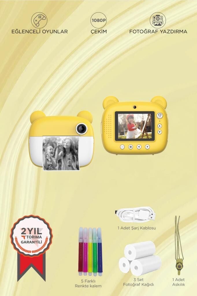 Torima TRM-CMR14 Sarı Dijital Video Kayıt Fotoğraf Çocuk Kamerası Anlık Termal Resim Kağıt Baskılı Yazıcı