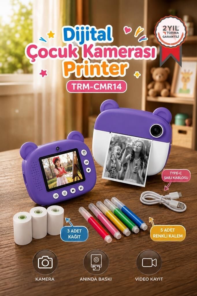 Dijital Fotoğraf Makinesi Çocuk Termal Resim Kağıt Baskılı Yazıcı Kamera Makinesi CMR14 Mor