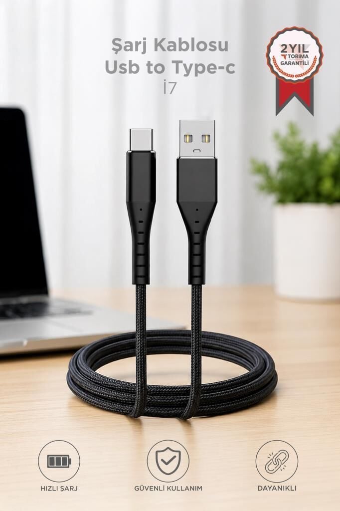 Şarj Kablosu USB-A to Type-C Şarj ve Data Kablosu İ7 03210 Siyah
