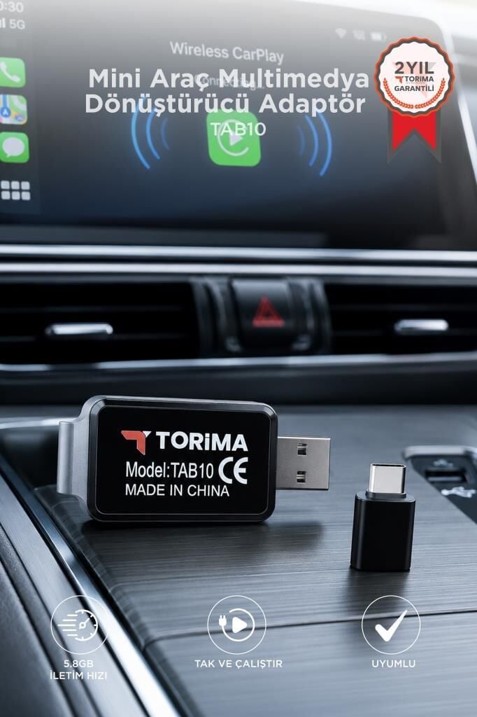 Mini Araç Multimedya Dönüştürücü Adaptör Usb Type-C Uyumlu 2IN1 Kablosuz Carplay TAB10