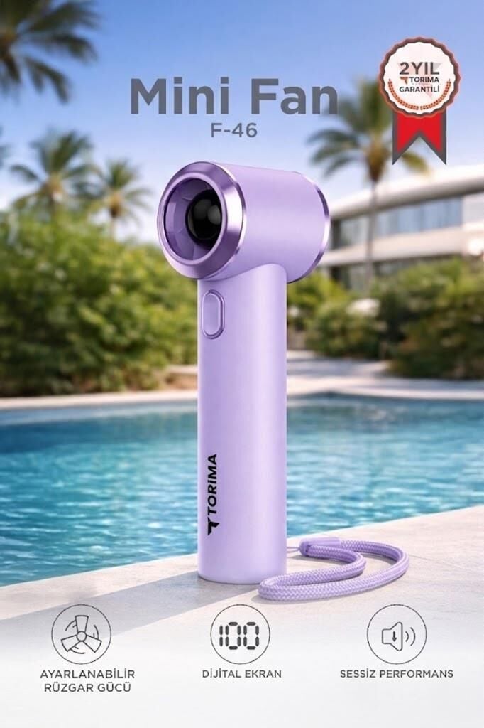 Şarjlı El Vantilatörü Dijital Göstergeli 5 Kademeli Turbo Mini Fan F46 Mor