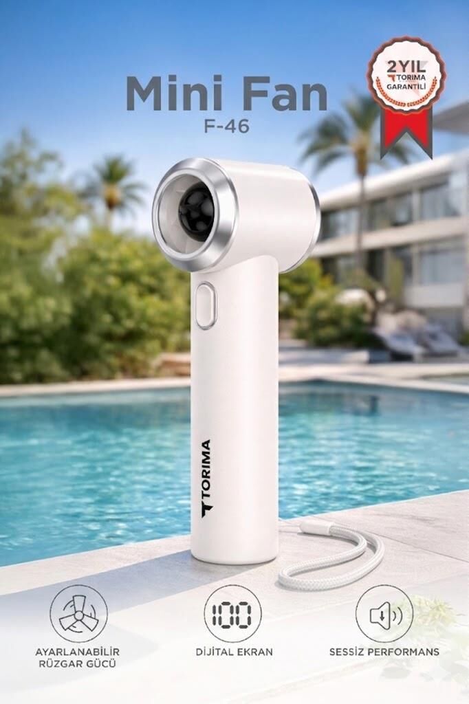 Şarjlı El Vantilatörü Dijital Göstergeli 5 Kademeli Turbo Mini Fan F46 Beyaz