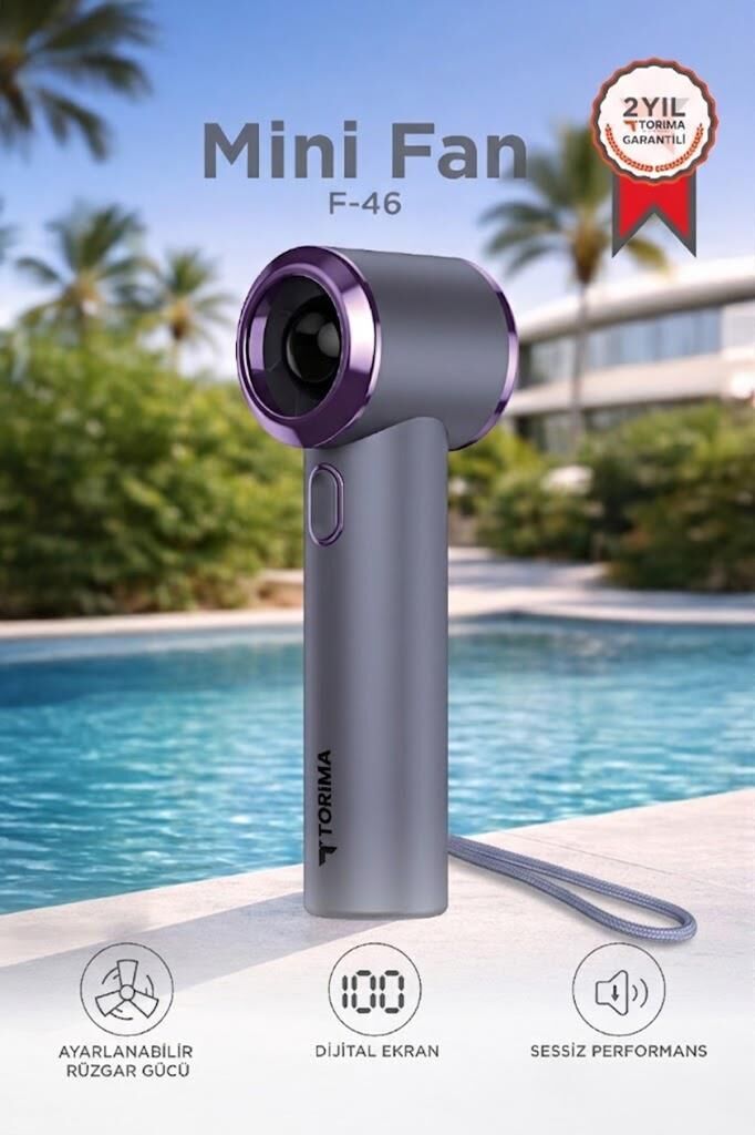 Şarjlı El Vantilatörü Dijital Göstergeli 5 Kademeli Turbo Mini Fan F46 Gri