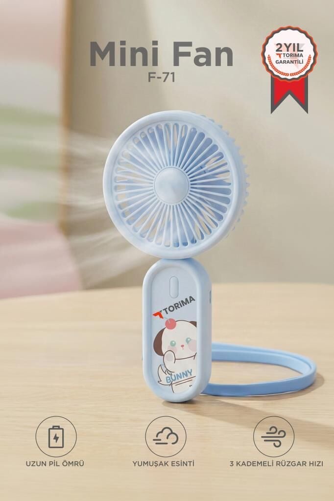 Şarjlı El Vantilatörü Boyun Askılı 3 Kademeli Mini Taşınabilir Fan F71 Mavi