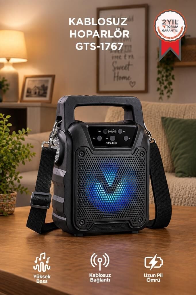 Bluetooth Hoparlör Rgb Işıklı El Fenerli Kablosuz Speaker GTS-1767 Siyah