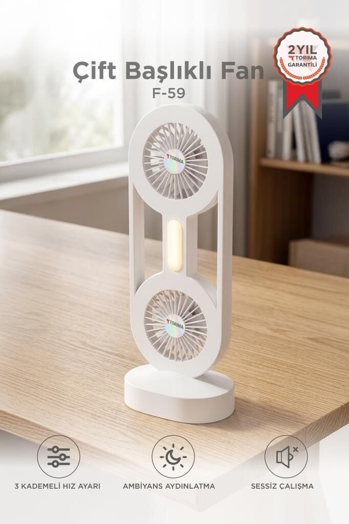 Torima Şarjlı Masaüstü Vantilatör Çift Başlıklı 1200 Mah Işıklı Taşınabilir Masa Fanı F59 Beyaz