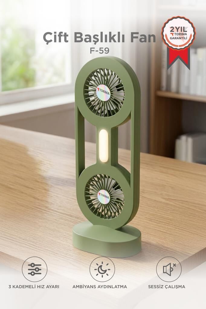 Torima Şarjlı Masaüstü Vantilatör Çift Başlıklı 1200 Mah Işıklı Taşınabilir Masa Fanı F59 Yeşil