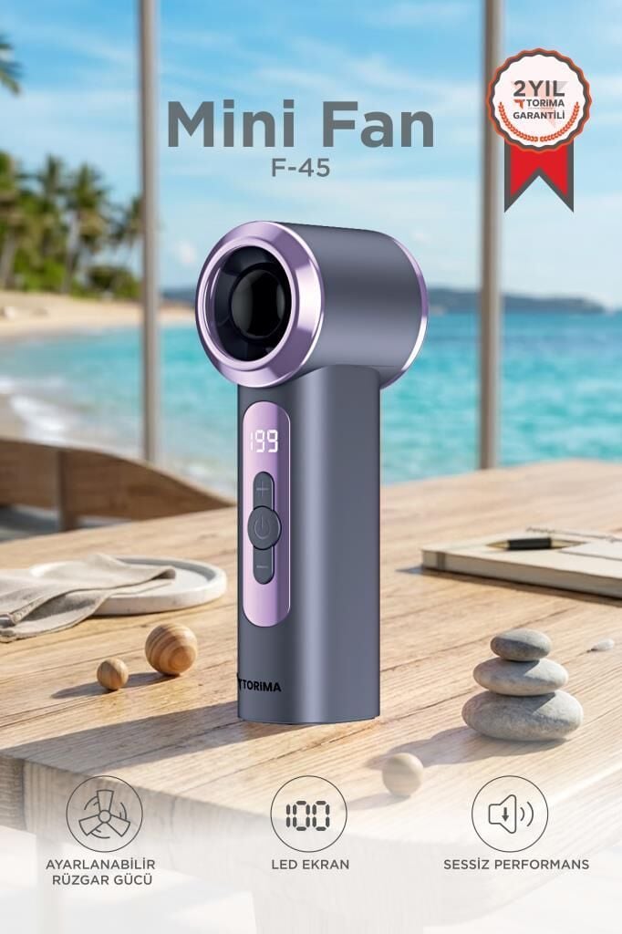 Şarjlı El Vantilatörü Dijital Göstergeli 199 Kademeli Turbo Mini Fan F45 Gri