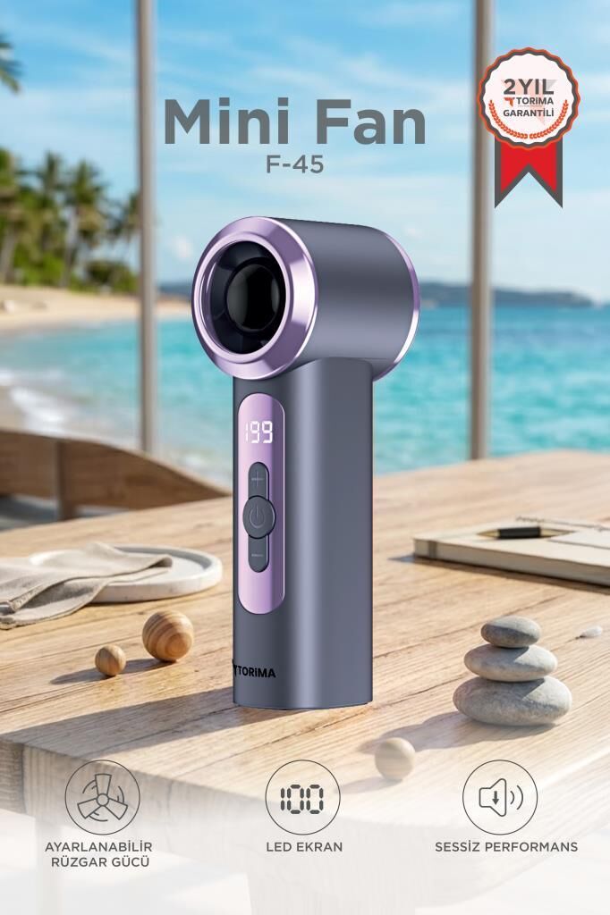 Şarjlı El Vantilatörü Dijital Göstergeli 199 Kademeli Turbo Mini Fan F45 Gri