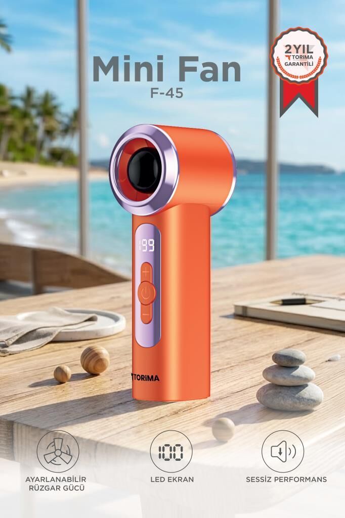 Şarjlı El Vantilatörü Dijital Göstergeli 5 Kademeli Turbo Mini Fan F45 Turuncu