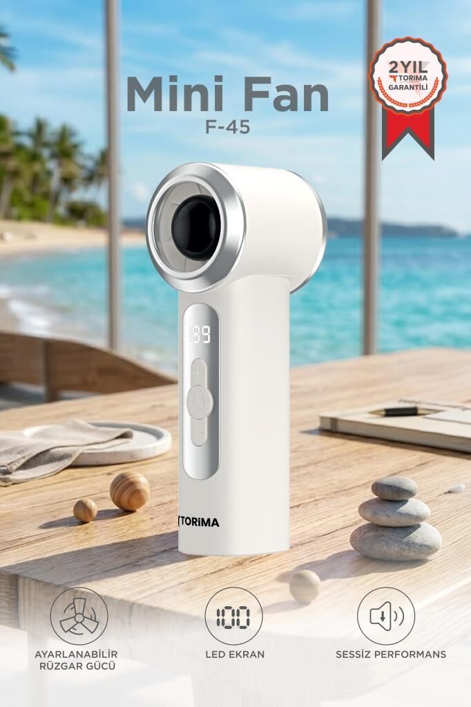 Şarjlı El Vantilatörü Dijital Göstergeli 5 Kademeli Turbo Mini Fan F45 Beyaz