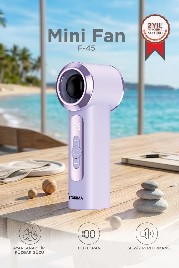 Şarjlı El Vantilatörü Dijital Göstergeli 5 Kademeli Turbo Mini Fan F45 Mor