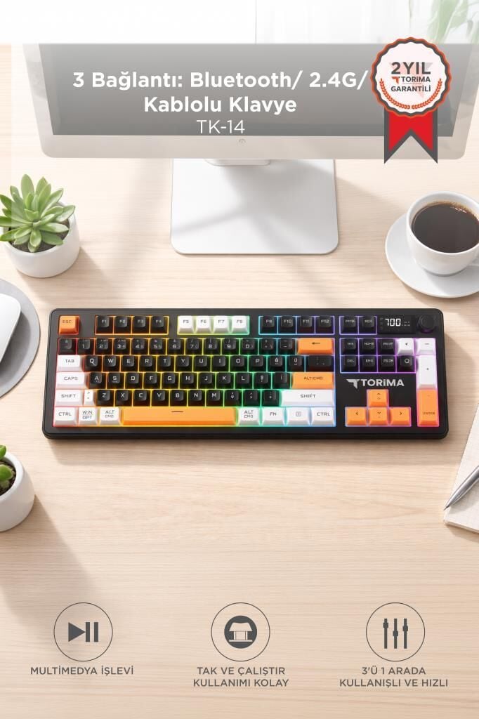 Torima Oyuncu Klavyesi Rgb Işıklı Dijital Ekranlı 3 Modlu Mekanik Hisli Kablosuz Klavye TK14 Siyah