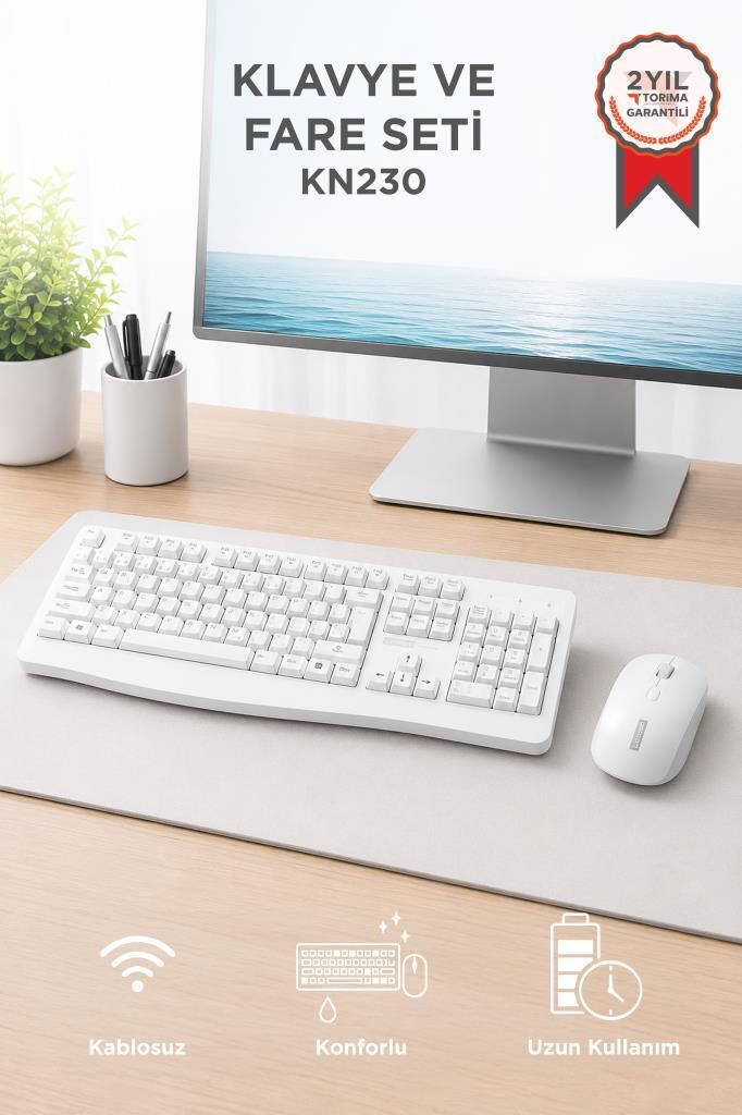 Lenovo Usb Alıcılı Kablosuz Q Klavye Mouse Seti KN230 Beyaz
