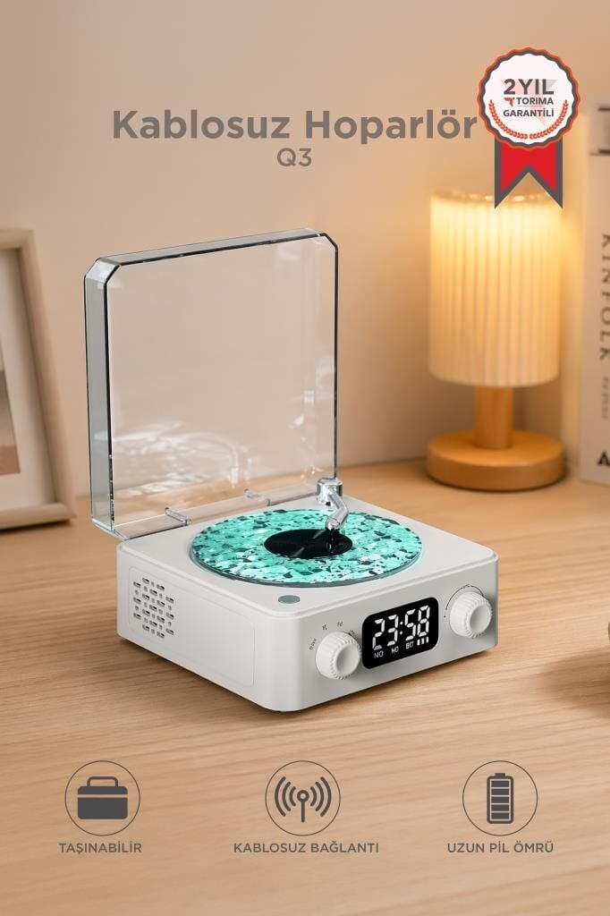 Bluetooth Hoparlör Dijital Saatli Pikap Tasarımlı Radyolu Şarjlı Speaker Q3 Beyaz