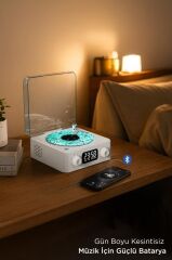 Bluetooth Hoparlör Dijital Saatli Pikap Tasarımlı Radyolu Şarjlı Speaker Q3 Beyaz