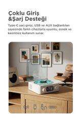 Bluetooth Hoparlör Dijital Saatli Pikap Tasarımlı Radyolu Şarjlı Speaker Q3 Beyaz