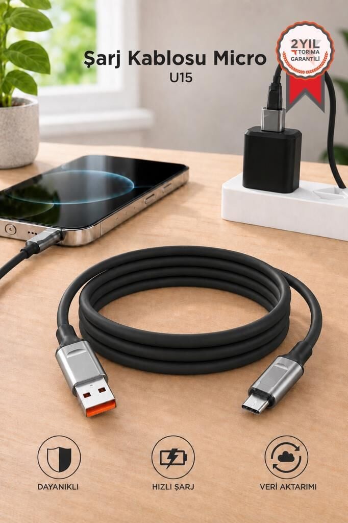Şarj Kablosu Micro Silikon 3.0A Data Kablo U15 Siyah