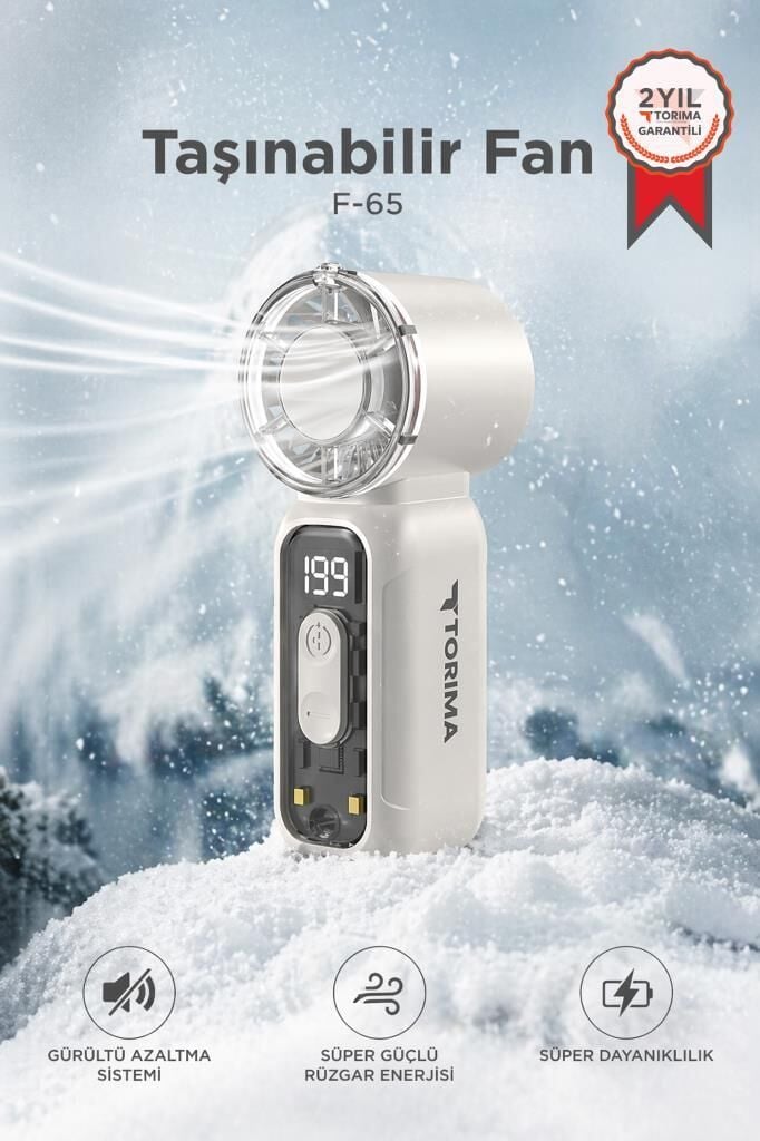 Şarjlı El Vantilatörü Fener Özellikli Taşınabilir Mini Fan F65 Beyaz