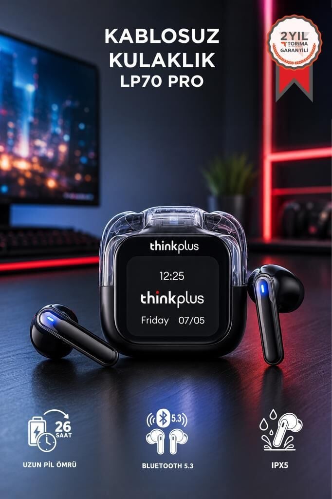 Lenovo Thinkplus Bluetooth Kulaklık Akıllı Dijital Ekranlı Tws 5.4 Kablosuz Kulaklık LP70 Pro Siyah