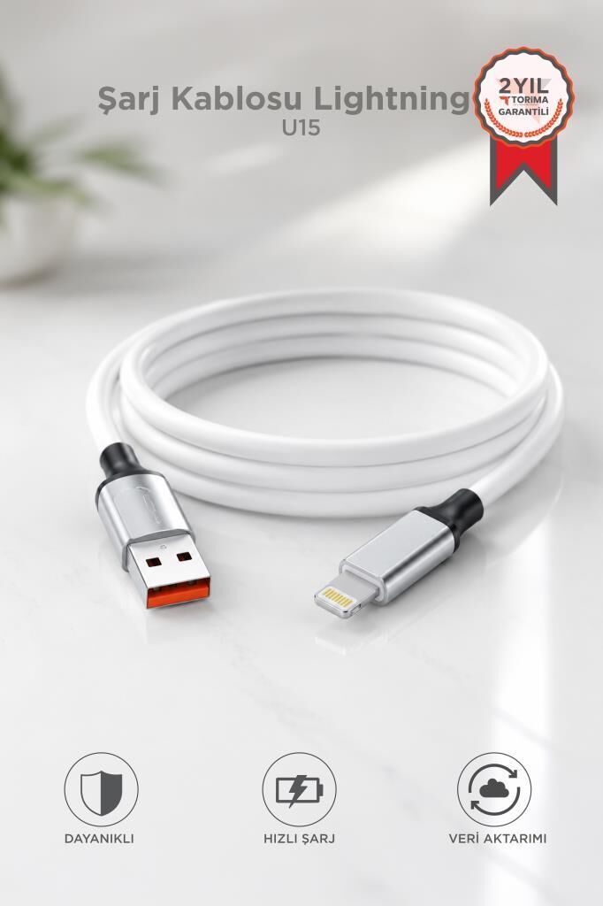 Şarj Kablosu Lightning Silikon 3.0A Data Kablo U15 Beyaz