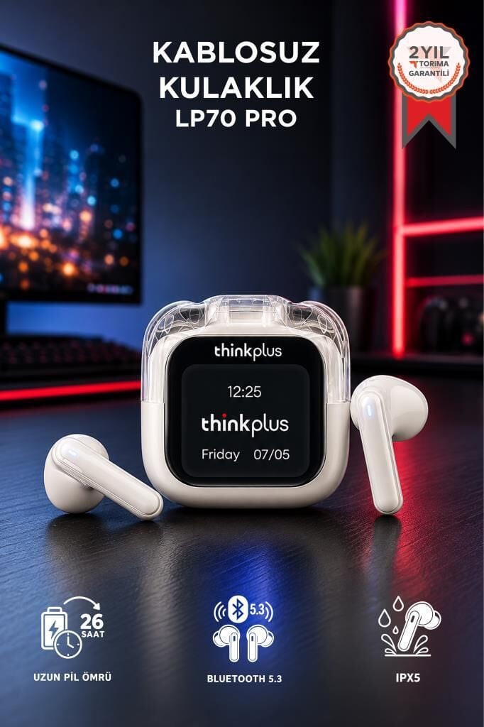 Lenovo Thinkplus Bluetooth Kulaklık Akıllı Dijital Ekranlı Tws 5.4 Kablosuz Kulaklık LP70 Pro Beyaz